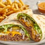 Big Mac wrap cut in half showing layers of beef, lettuce, cheese, pickles, and sauce on a ceramic plate.