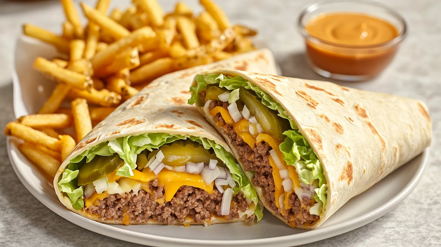Big Mac wrap cut in half showing layers of beef, lettuce, cheese, pickles, and sauce on a ceramic plate.