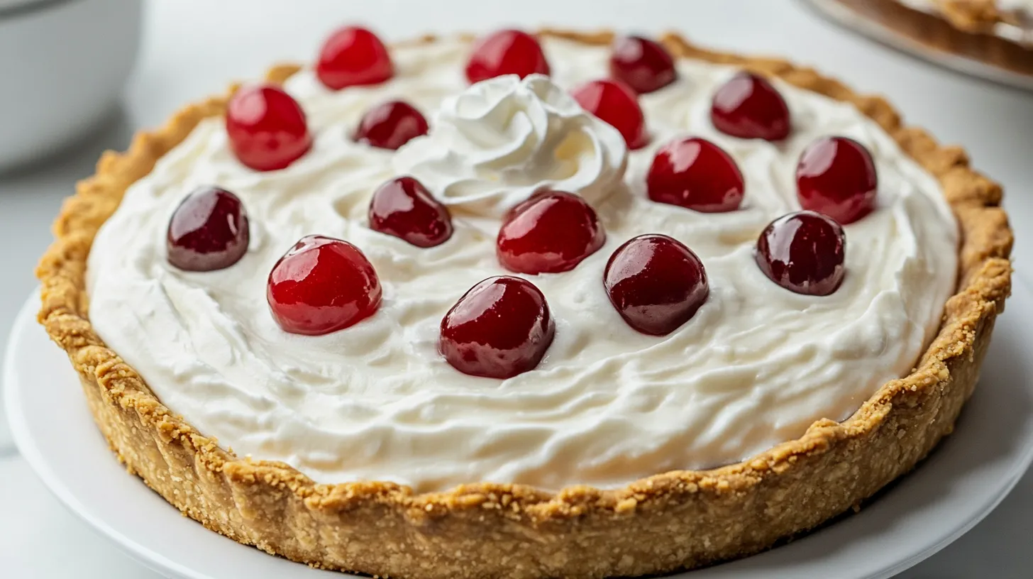 A close-up of a creamy Root Beer Float Pie with a graham cracker crust, topped with whipped cream and maraschino cherries, served on a white plate.