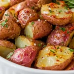 Crispy air fryer red potatoes served in a white ceramic bowl, garnished with fresh rosemary and parsley.