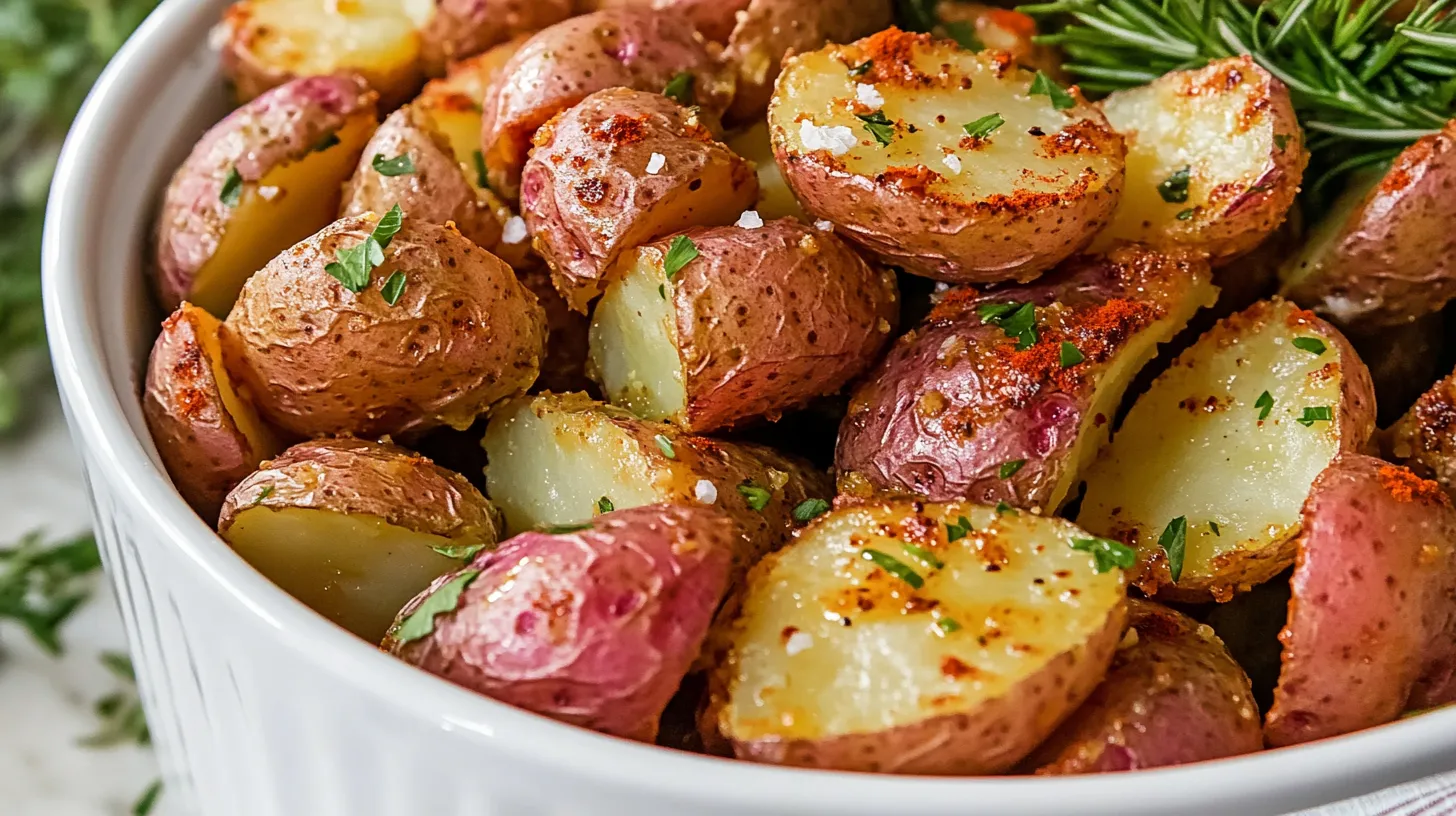 Crispy air fryer red potatoes served in a white ceramic bowl, garnished with fresh rosemary and parsley.