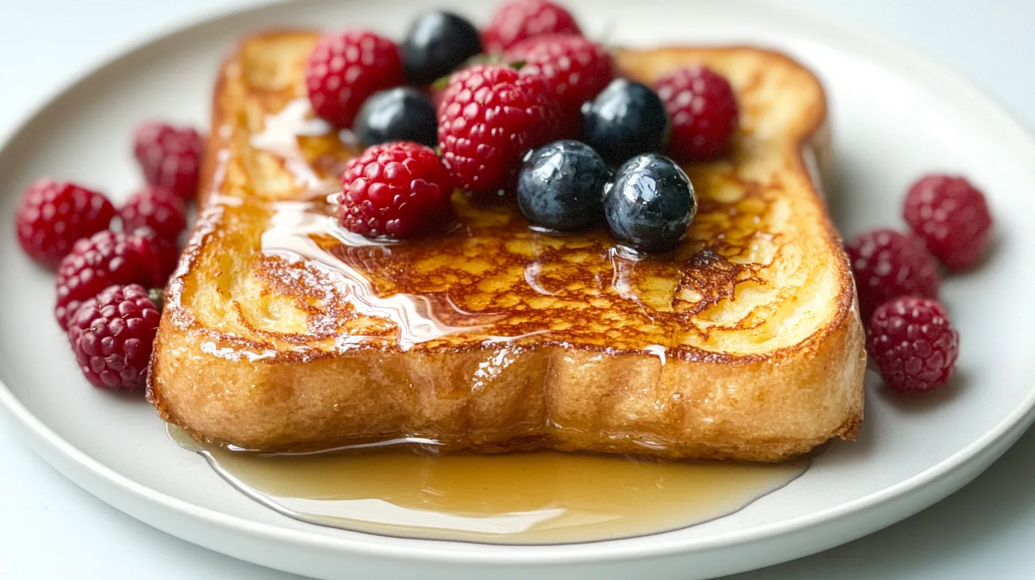 Close-up of French toast slice with fresh berries and maple syrup on a white ceramic plate