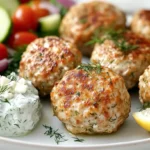 Close-up of golden-brown Greek chicken meatballs garnished with fresh dill and feta, served with creamy tzatziki sauce and a Mediterranean salad.