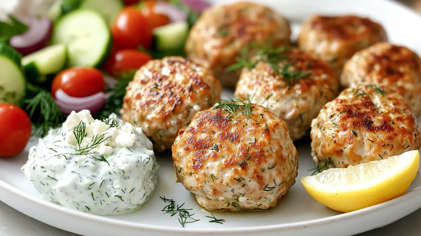 Close-up of golden-brown Greek chicken meatballs garnished with fresh dill and feta, served with creamy tzatziki sauce and a Mediterranean salad.