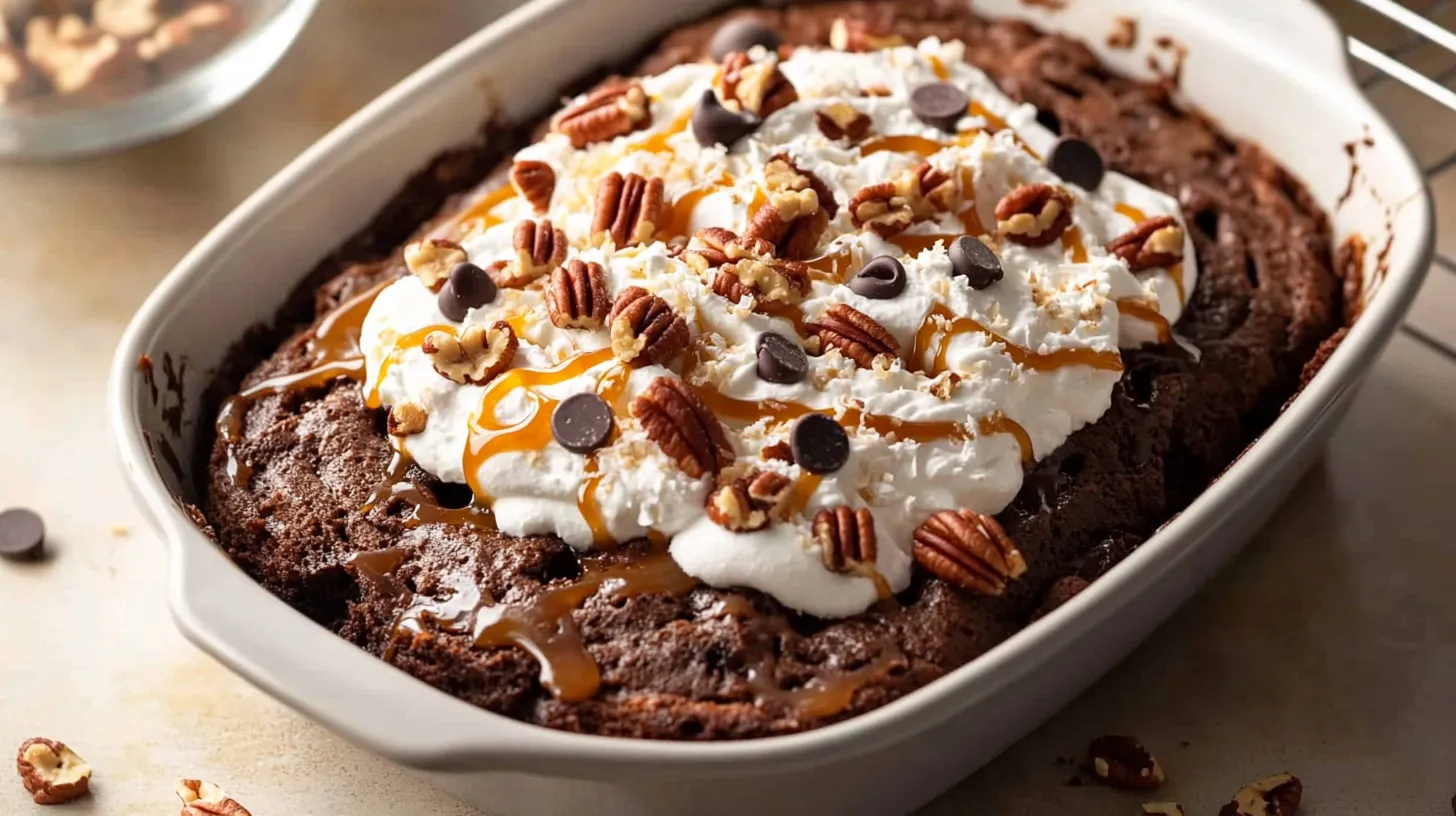 Close-up of German chocolate poke cake with whipped topping, coconut, pecans, and caramel drizzle.