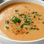 A close-up of creamy Cajun Cream Sauce in a white bowl, garnished with fresh parsley and Cajun seasoning, highlighting its rich texture and bold flavors.