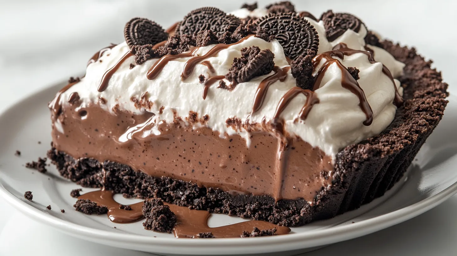 A close-up of a rich and creamy Oreo Mud Pie with a chocolate Oreo crust, smooth chocolate pudding, and fluffy whipped topping, garnished with crushed Oreos and chocolate drizzle.