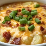 A close-up of a creamy Crock Pot Crack Potato Soup, garnished with crispy bacon, melted cheddar cheese, and fresh green onions, served in a ceramic bowl.