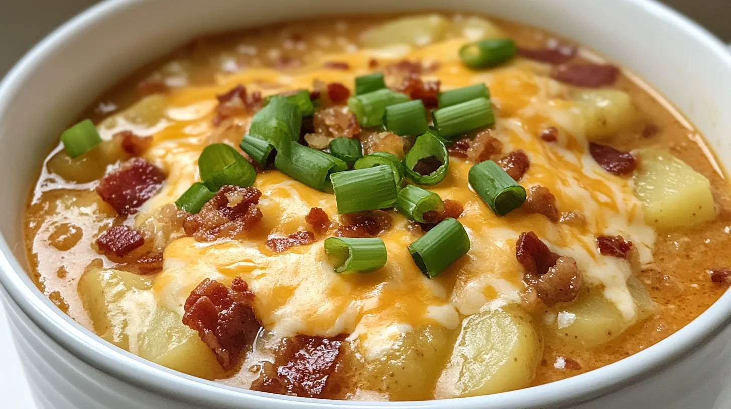 A close-up of a creamy Crock Pot Crack Potato Soup, garnished with crispy bacon, melted cheddar cheese, and fresh green onions, served in a ceramic bowl.