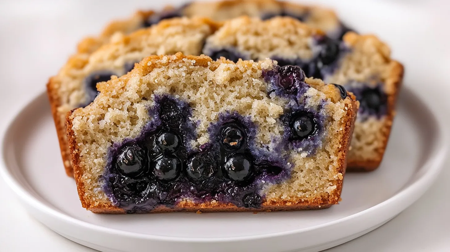 Close-up of a slice of blueberry bread with juicy blueberries on a white ceramic plate