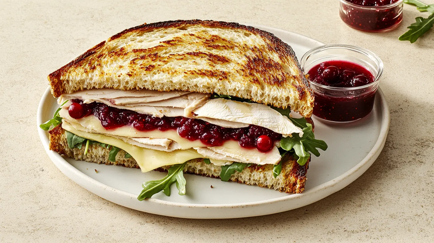 Turkey cranberry sandwich with melted brie and fresh arugula on toasted sourdough