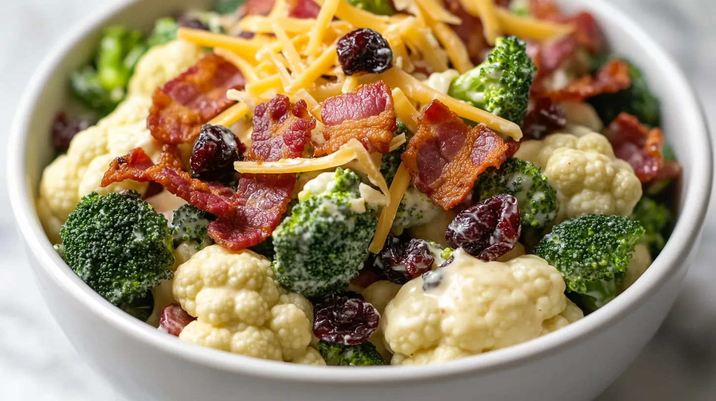 Close-up of a vibrant broccoli cauliflower salad in a white ceramic bowl