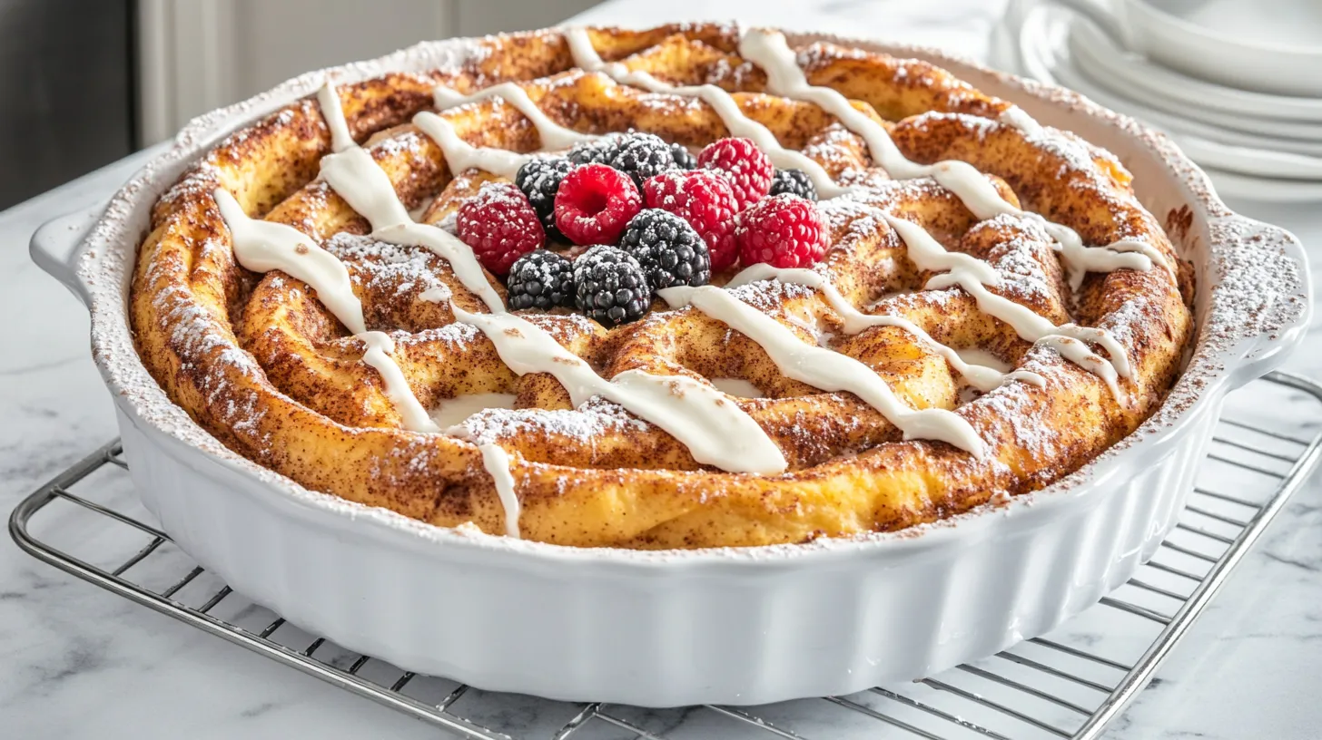 Close-up of cinnamon roll French toast bake with icing, berries, and powdered sugar in a ceramic dish.