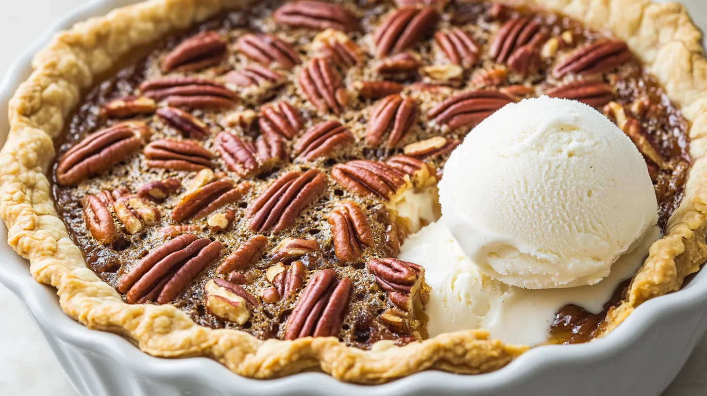 A freshly baked pecan pie cobbler in a ceramic dish, topped with toasted pecans and served with a scoop of melting vanilla ice cream.