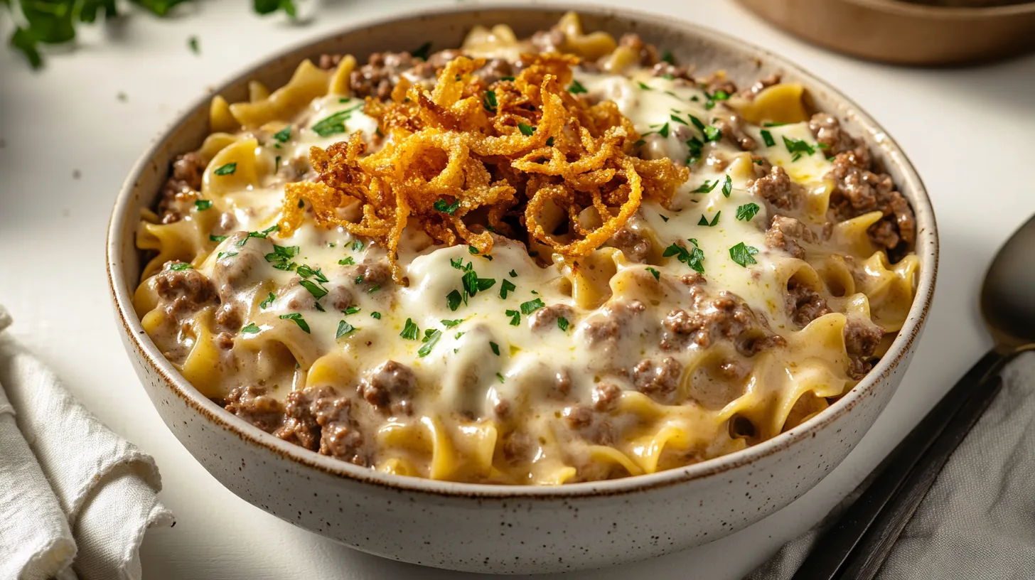 Close-up of creamy French onion beef and noodles in a ceramic bowl with melted cheese and crispy onions