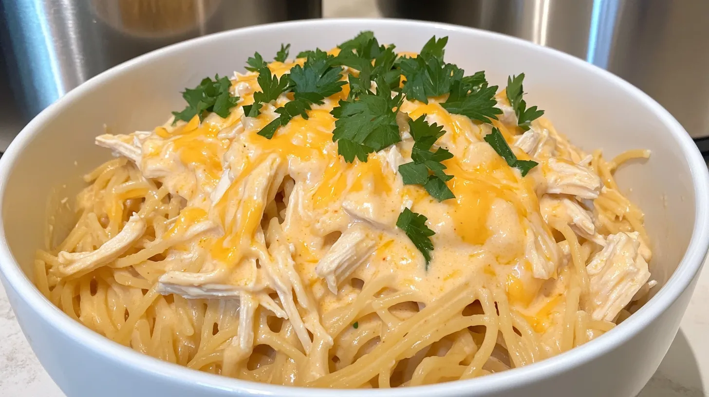 Close-up of creamy crockpot chicken spaghetti topped with melted cheese and parsley