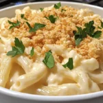 Close-up of creamy white cheddar mac and cheese with crispy breadcrumb topping and parsley garnish.
