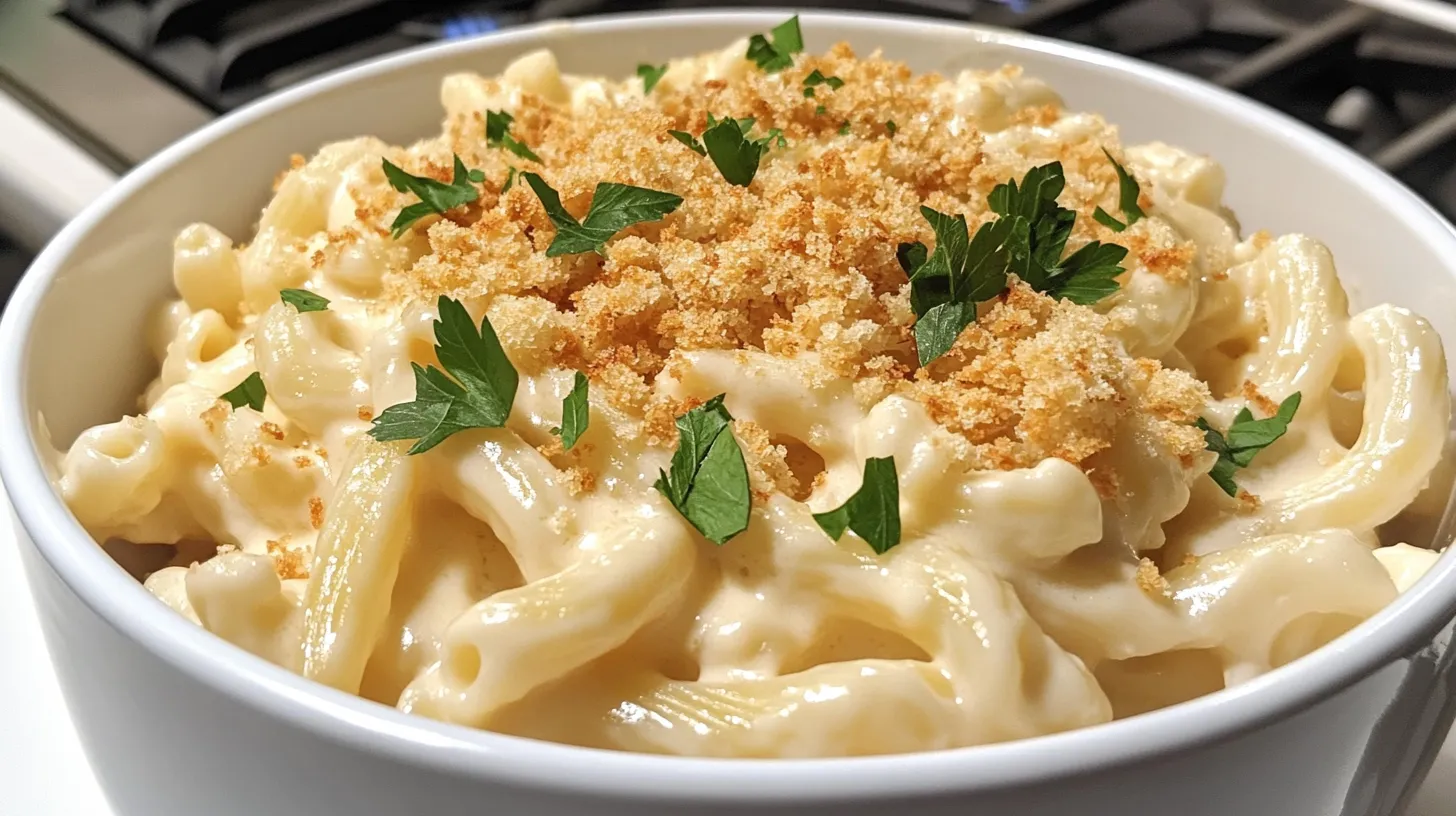 Close-up of creamy white cheddar mac and cheese with crispy breadcrumb topping and parsley garnish.