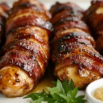 Close-up of crispy Bacon Brown Sugar Chicken Tenders, wrapped in caramelized bacon and served with honey mustard dipping sauce on a white plate, garnished with fresh parsley