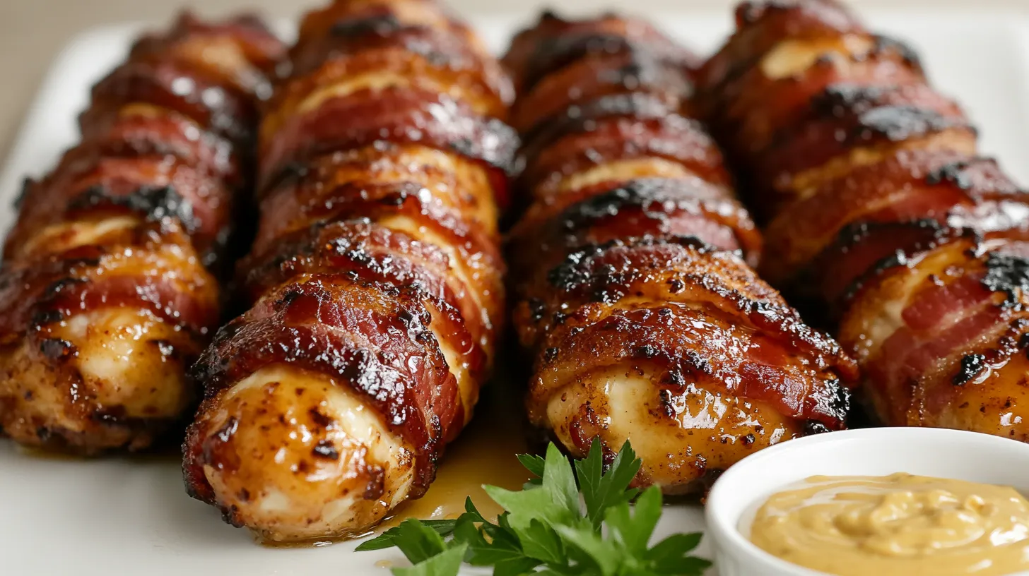 Close-up of crispy Bacon Brown Sugar Chicken Tenders, wrapped in caramelized bacon and served with honey mustard dipping sauce on a white plate, garnished with fresh parsley