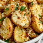 Close-up of crispy garlic parmesan potatoes with golden edges and parsley garnish.