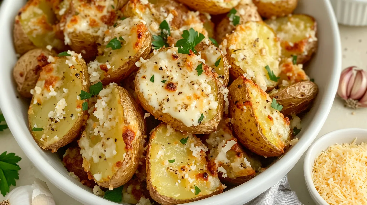 Close-up of crispy garlic parmesan potatoes with golden edges and parsley garnish.