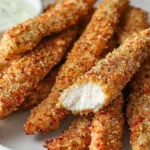A close-up of crispy chicken fries on a white plate, served with ranch and ketchup, highlighting their golden, crunchy texture.
