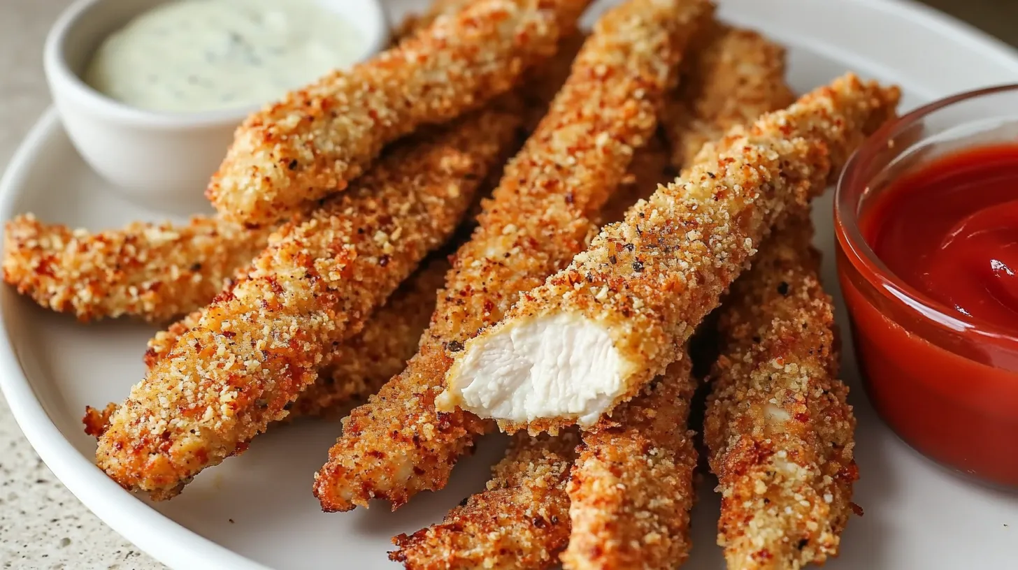 A close-up of crispy chicken fries on a white plate, served with ranch and ketchup, highlighting their golden, crunchy texture.