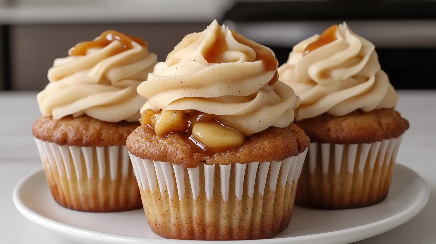 Close-up of apple pie cupcakes with cinnamon buttercream, caramel drizzle, and tender apple filling, served on a white plate with a cozy kitchen backdrop.