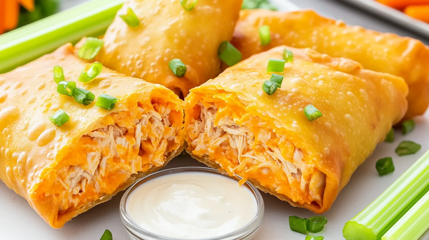 Close-up of buffalo chicken egg rolls with creamy spicy filling, served with ranch dip and veggie sticks.