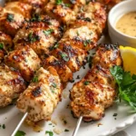 Garlic Parmesan chicken skewers served on a ceramic platter with fresh parsley and lemon wedges.