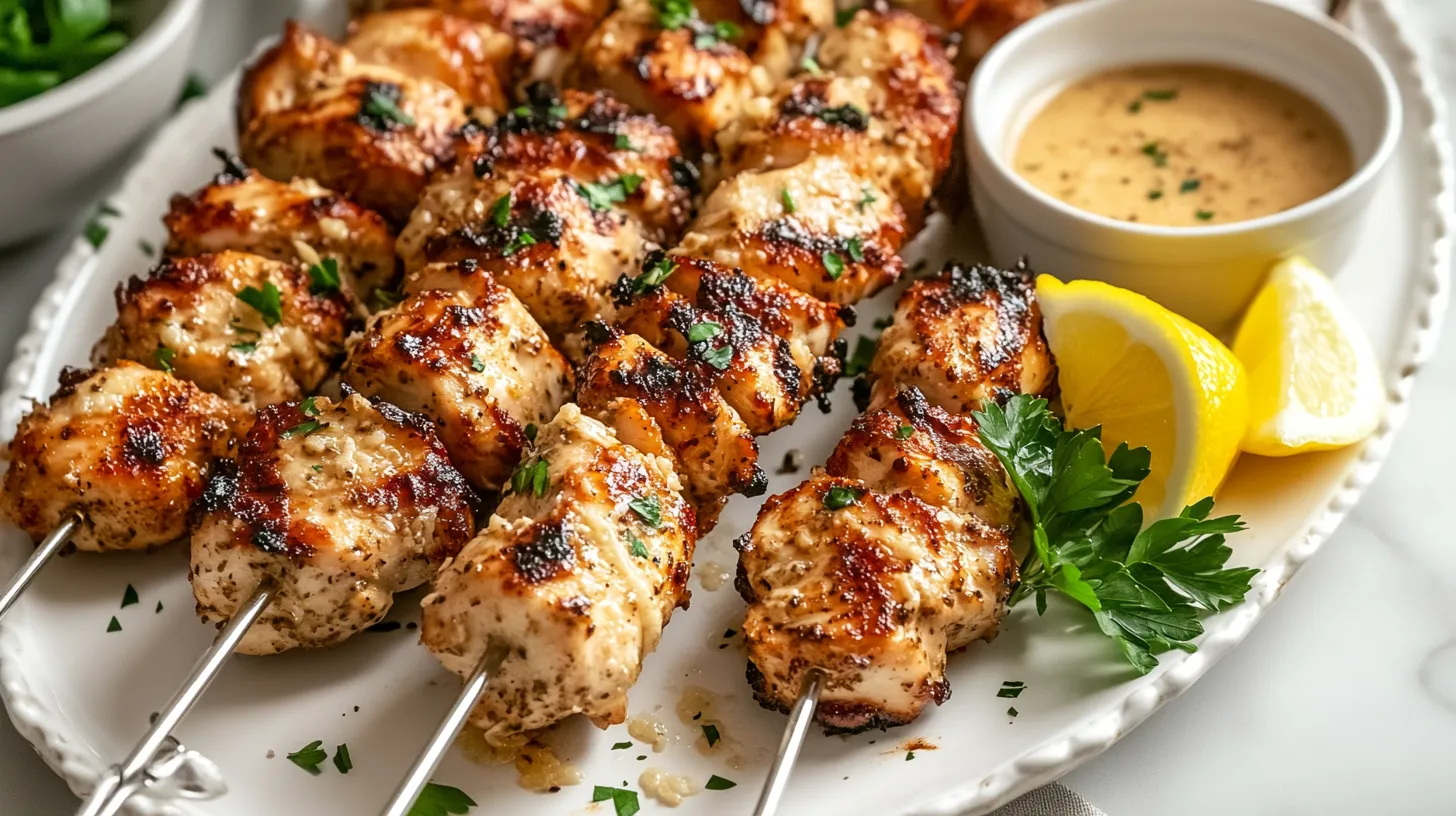 Garlic Parmesan chicken skewers served on a ceramic platter with fresh parsley and lemon wedges.