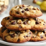 Close-up of soft banana bread cookies with chocolate chips and walnuts on a white plate.