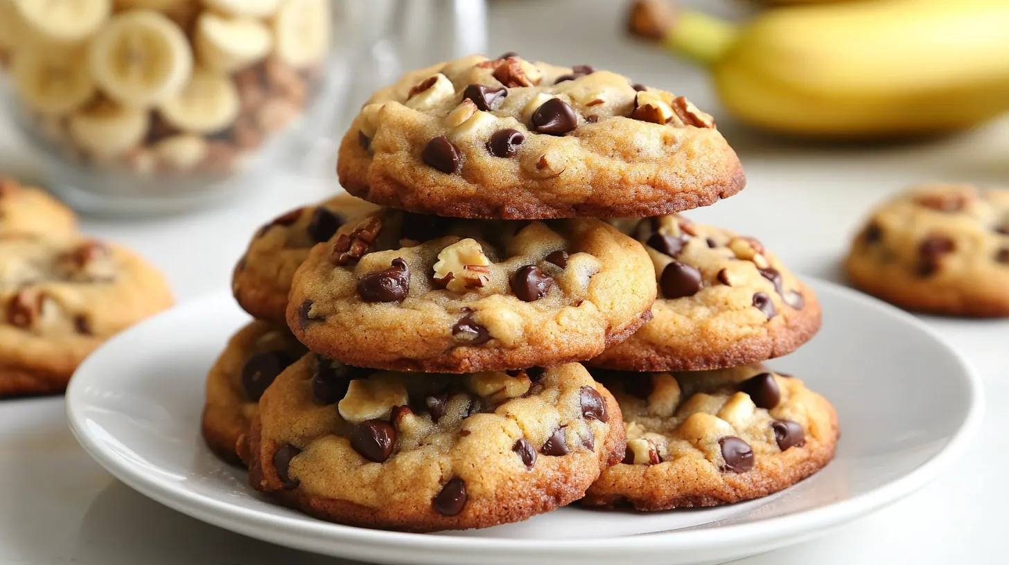 Close-up of soft banana bread cookies with chocolate chips and walnuts on a white plate.