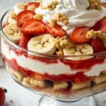Close-up of homemade strawberry banana pudding layered with fresh fruit, pudding, and vanilla wafers in a trifle bowl.