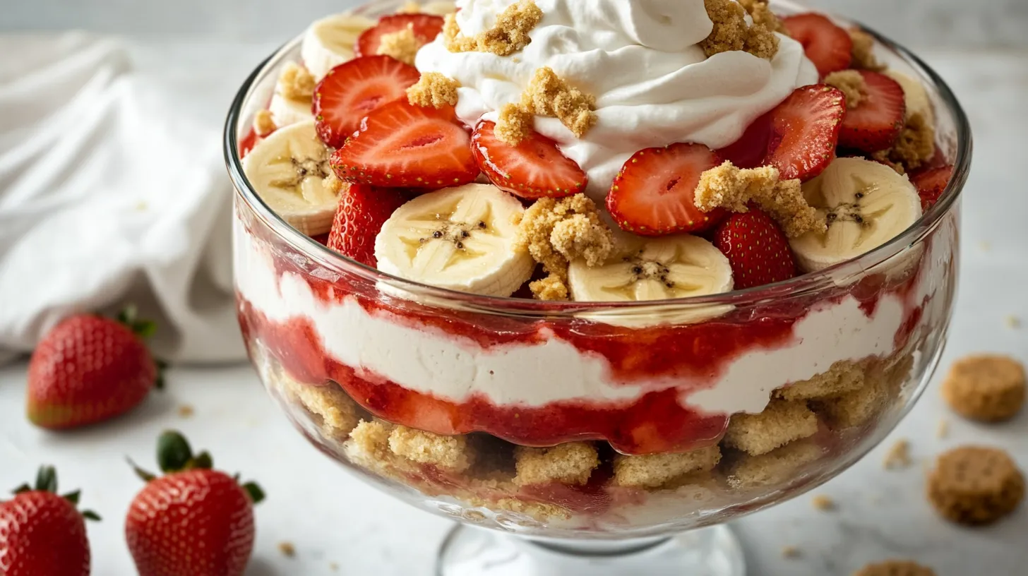 Close-up of homemade strawberry banana pudding layered with fresh fruit, pudding, and vanilla wafers in a trifle bowl.