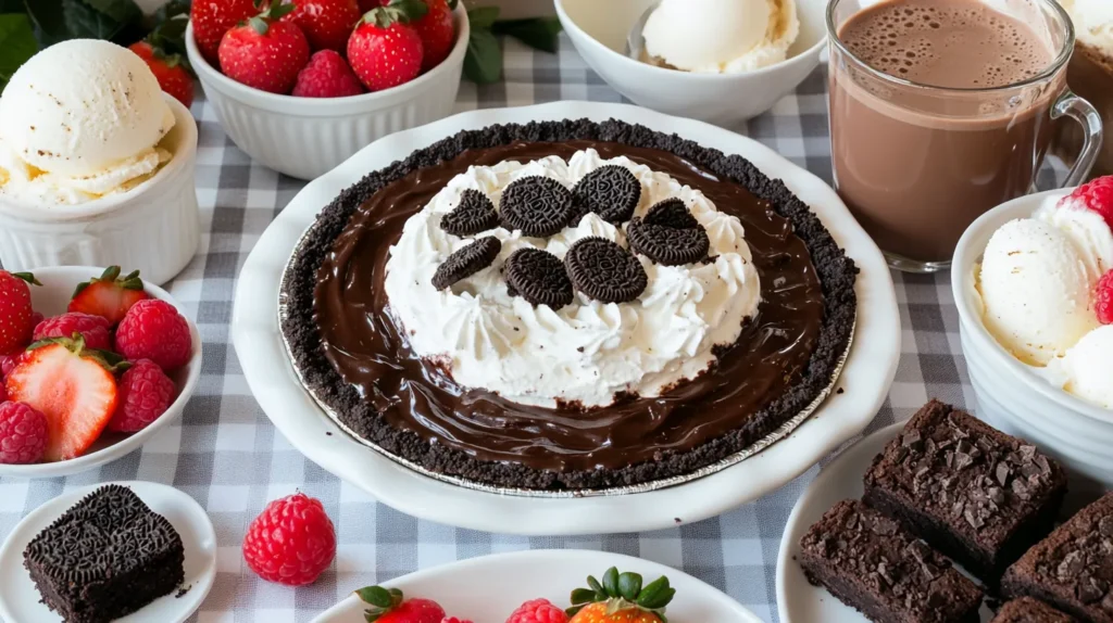 A beautifully arranged family dinner table featuring Oreo Mud Pie, served with vanilla ice cream, chocolate brownies, fresh berries, and hot cocoa, creating a cozy homemade dessert spread.