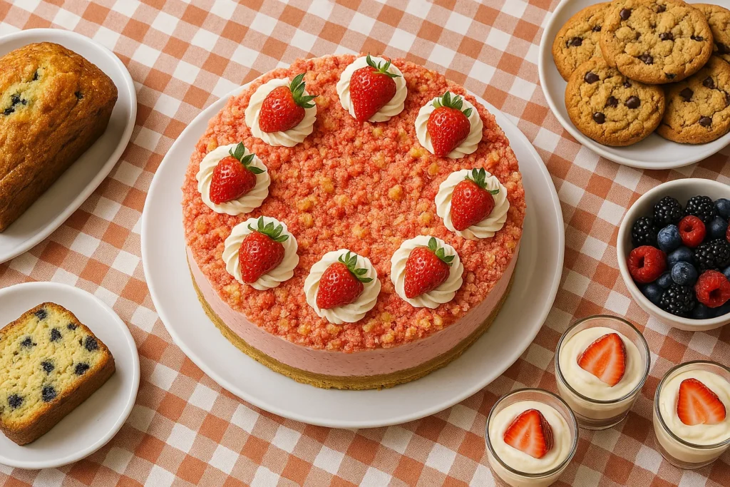 Family-style dessert table with strawberry crunch cheesecake and side dishes