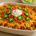 Walking taco casserole with beef, cheese, and toppings served in a ceramic dish