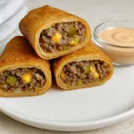 Close-up of crispy cheeseburger egg rolls with beef and cheddar filling served with dipping sauce.