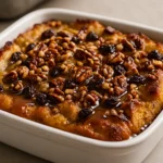 Close-up of bourbon bread pudding with pecans and bourbon sauce in a white ceramic dish.