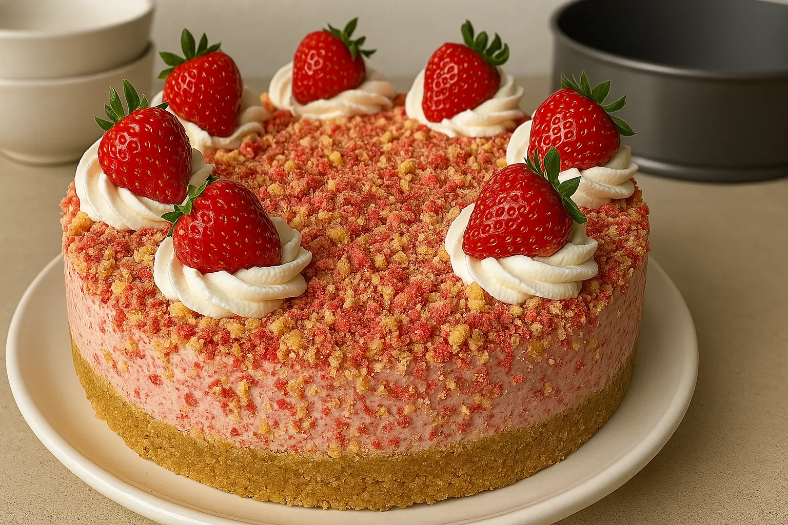 Close-up of strawberry crunch cheesecake with whipped cream and fresh strawberries