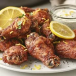 Crispy lemon pepper chicken wings garnished with lemon slices and parsley on a ceramic plate.