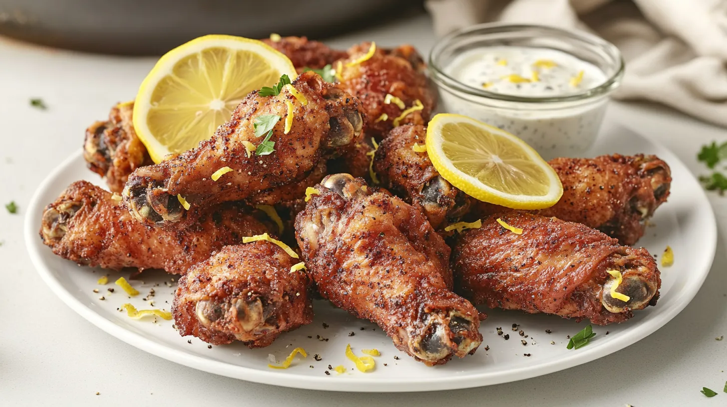 Crispy lemon pepper chicken wings garnished with lemon slices and parsley on a ceramic plate.