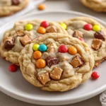 Close-up of chewy Reese’s peanut butter cookies with Reese’s Pieces and candy chunks on a plate.
