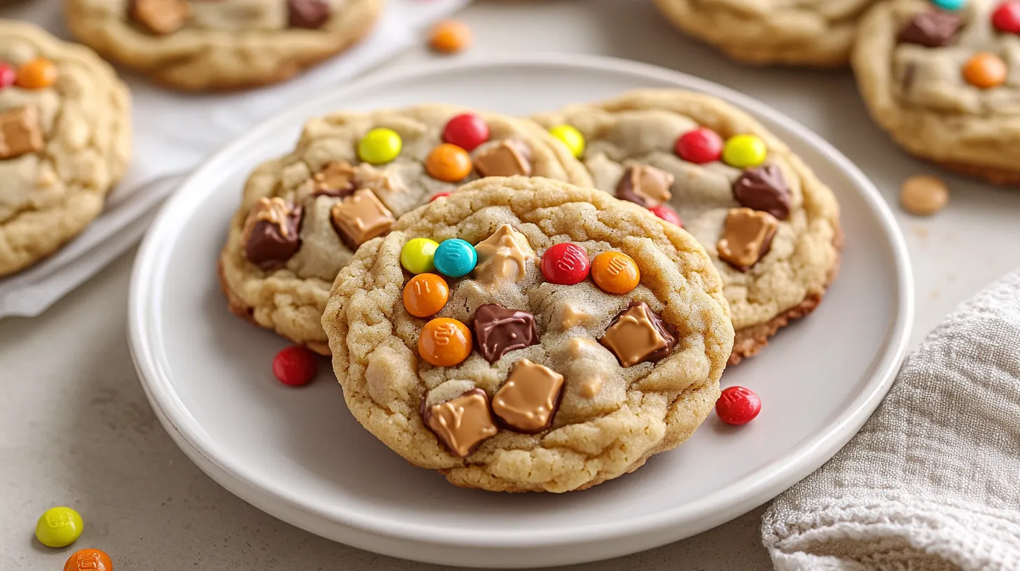 Close-up of chewy Reese’s peanut butter cookies with Reese’s Pieces and candy chunks on a plate.